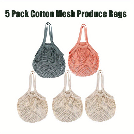 5pcs Reusable Cotton Mesh Tote Bags – High-Quality, Foldable Shopping Bags for Groceries, Beach & Picnics, Large Capacity, Durable & Lightweight, Beige, Orange-Pink, Forest Green