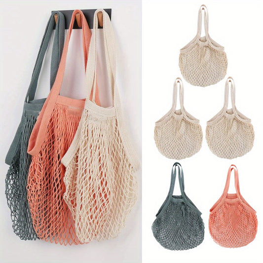 5pcs Reusable Cotton Mesh Tote Bags – High-Quality, Foldable Shopping Bags for Groceries, Beach & Picnics, Large Capacity, Durable & Lightweight, Beige, Orange-Pink, Forest Green
